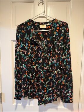 Maeve Black Floral Button-Front Long Sleeve Blouse